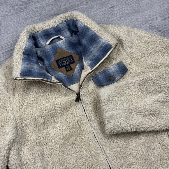 Pendleton Sherpa Fleece Wool Blend Jacket Women’s S Teddy Beige Plaid Contrast - Picture 1 of 13